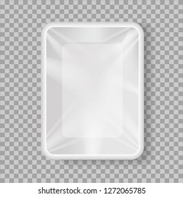 Realistic white Polystyrene packaging container on transparent background. 3D Mock up ready for design. Vector template for design, presentation, advertising, promo. EPS 10. Top view. 