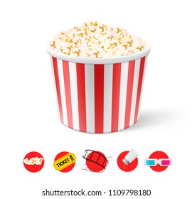 Realistic white pop corn bucket with red strips. Vector illustration isolated on white background. Can be use for your design, presentation, promo, adv. EPS10.