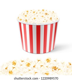 Realistic white pop corn bucket with red strips. Vector illustration isolated on white background. Can be use for your design, presentation, promo, adv. EPS10.