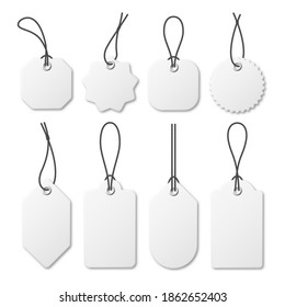 Realistic white price tags collection. Special offer or shopping discount label. Retail paper sticker. Promotional sale badge. Vector illustration.