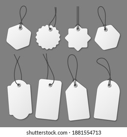 Realistic white price tags collection. Special offer or shopping discount label. Retail paper sticker. Promotional sale badge. Vector illustration.