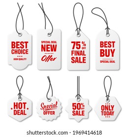 Realistic white price tags collection. Special offer or shopping discount label. Retail paper sticker. Promotional sale badge. Vector illustration.