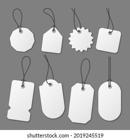 Realistic white price tags collection. Special offer or shopping discount label. Retail paper sticker. Promotional sale badge. Vector illustration.