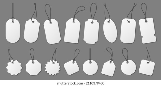 Realistic white price tags on gray background. Special offer or shopping discount label. Retail paper sticker. Promotional sale badge. Vector illustration.