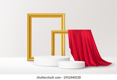 Realistic white Product podium with golden picture frames and red silk drapery over white background. Blank background for product advertising. Vector illustration EPS10