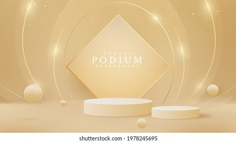 Realistic white product podium with golden circle round. Luxury 3d style background concept. Vector illustration for promoting sales and marketing.