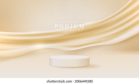 Realistic white product podium showcase with golden canvas element on back. luxury background concept. Vector illustration for promoting sales and marketing.