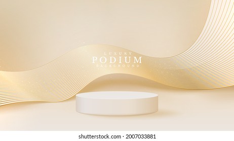Realistic white product podium showcase with line golden wave on back. Luxury 3d style background concept. Vector illustration for promoting sales and marketing. - Shutterstock ID 2007033881