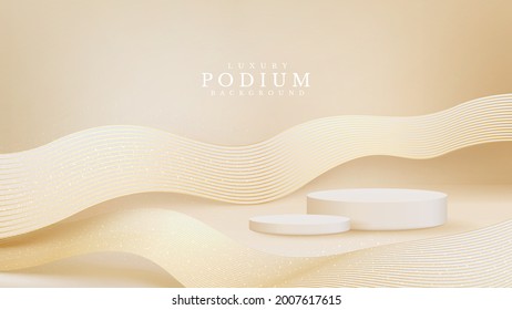 Realistic white product podium showcase with line golden wave on back. Luxury 3d style background concept. Vector illustration for promoting sales and marketing.