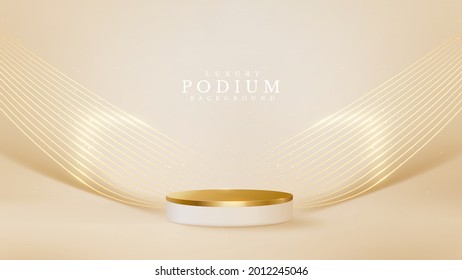 Realistic white product podium showcase with line golden wave on back. Luxury 3d style background concept. Vector illustration for promoting sales and marketing.