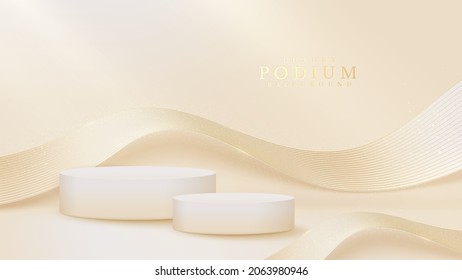 Realistic white product podium showcase with line golden wave on back. Luxury 3d style background concept. Vector illustration for promoting sales and marketing.