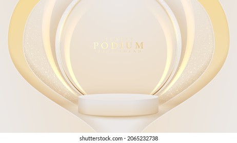 Realistic white product podium showcase with golden curve line and glitter light effects elements on back. Luxury 3d style banner scene