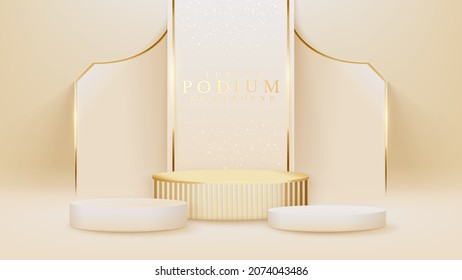 Realistic white product podium showcase with golden line on back. Luxury 3d style background concept. Vector illustration for promoting sales and marketing.