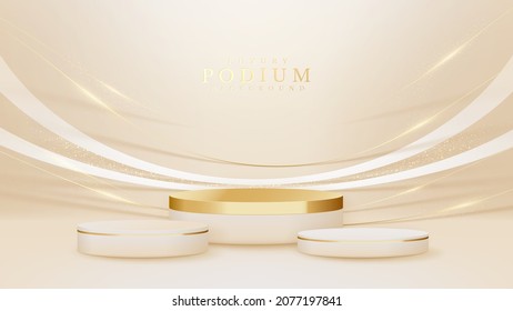Realistic white product podium showcase with golden curve line and glitter light effects elements.