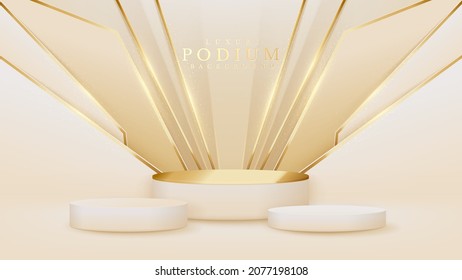 Realistic white product podium showcase with golden line on back. Luxury 3d style background concept. Vector illustration for promoting sales and marketing.