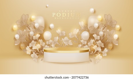 Realistic white product podium showcase with balloons and watercolor style hand drawn flowers and glitter effects elements.