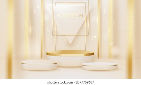 Realistic white product podium showcase with golden line on back. Luxury 3d style background concept. Vector illustration for promoting sales and marketing.