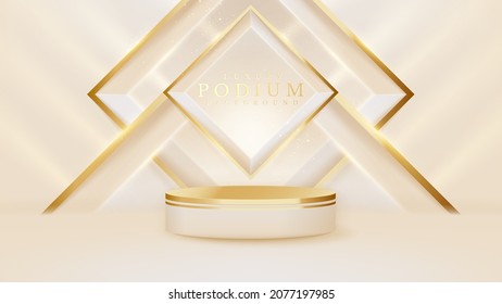 Realistic white product podium showing with golden square shaped luxury background with glitter effect elements.