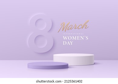 Realistic white and purple 3D cylinder pedestal podium set with text 8 march international women. Minimal scene for products showcase, Stage promotion display. Vector abstract studio room platform.