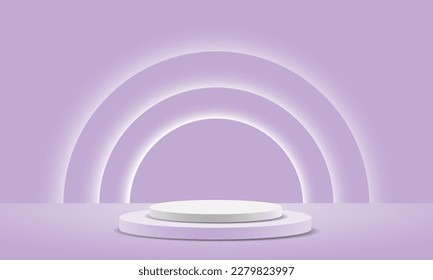 Realistic white purple pastel circle podium steps white soft light curves vector illustration.