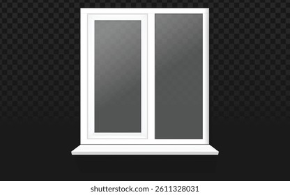 Realistic white PVC window vector with double-pane design on dark checkered background. Perfect for architectural visuals, home improvement projects, and modern house designs. Clean 3D window