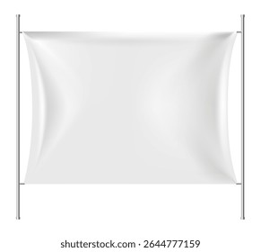 Realistic white rectangular flag waving gracefully between two vertical poles against a pristine white background, offering ample space for customization with any design or message