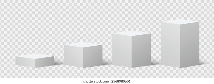 Realistic white rectangular podiums of different heights. 3d podium vector design