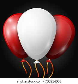Realistic white, red balloons with ribbons isolated on black background. Vector illustration of shiny colorful glossy balloons