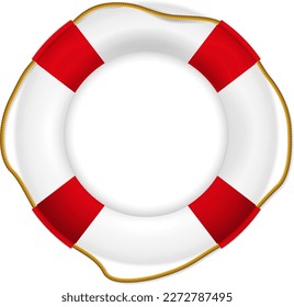 Realistic white and red rescue life belt - marine lifebuoy water safety with rope on white background. Vector illustration.