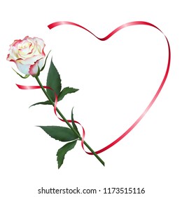 Realistic white with red rose, romantic frame, heart