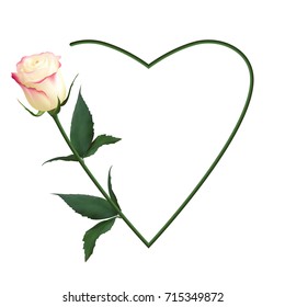 Realistic white with red rose, romantic frame, heart