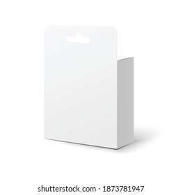 Realistic white retail box tab pack mockup with hanger hole from back view isolated on white background - blank package design template from behind. Vector illustration.