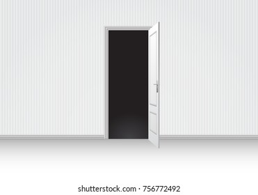 Realistic white room open door interior vector illustration.