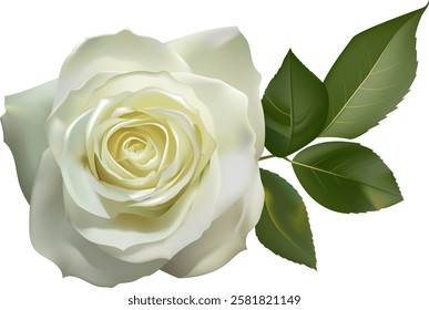 Realistic white rose with green leaves blooming on a white background, perfect for wedding invitations, greeting cards, or any design project that needs a touch of elegance and beauty