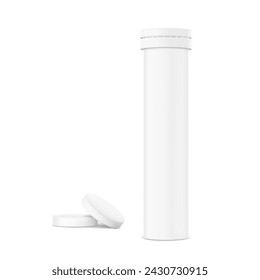 Realistic white round container and fizzy tablets mockup.  Vector illustration isolated on white background. Can be use for your design, advertising, promo and etc. EPS10.	