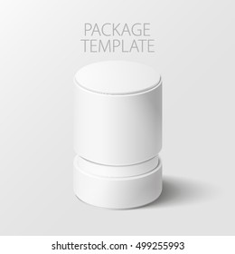 Realistic white round package box for products, isolated on white background, vector illustration. EPS 10