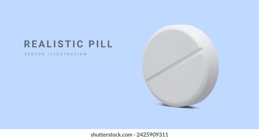 Realistic white round pill isolated on light background. Advertising banner for hospital or pharmaceutical company. Sign for pharmacy. Symbol of treatment. Vector Illustrations