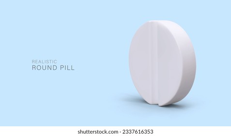 Realistic white round pill split in half. Commercial banner for pharmaceutical business. Sign for pharmacy. Symbol of treatment. Antibiotics, vitamins. Advertising poster for hospital