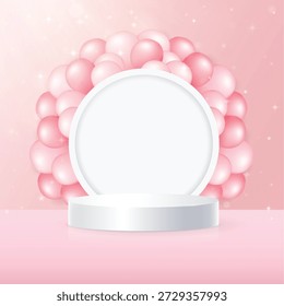 Realistic white round podium on pink background with air balloons, light rays and glitter elements. Realistic white podium mockup. Minimalist Vector illustration for presentations and demonstrations