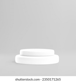 Realistic white round podium for product presentation 3D style, vector illustration isolated on gray background. Decorative design element, geometric platform, volume shape
