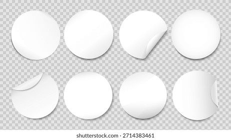 Conjunto de pegatina redonda blanca realista sobre fondo transparente para descuento de venta, marca de producto, embalaje, maquetas de etiquetas. Ilustración vectorial