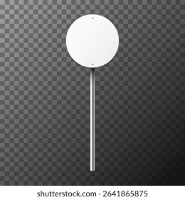 Realistic white round traffic sign on metal pole on transparent background. Blank highway board with place for text or information. Directional wayfinder, signpost symbol. Vector illustration
