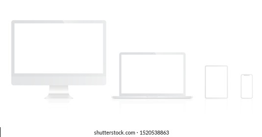 Realistic white set of monitor, laptop, tablet, smartphone. Vector mockup - Stock Vector.