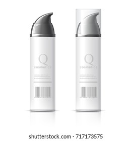 Realistic White Shaving Foam Aerosol. Cosmetics bottle can Spray, Deodorant, Air Freshener. With lid. Object, shadow, and reflection on separate layers. Vector illustration
