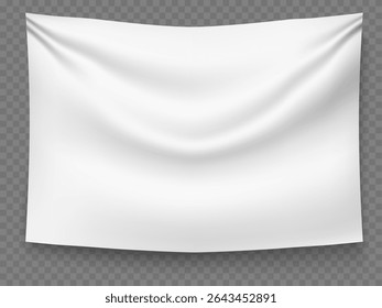 Banner de tecido branco puro realista no fundo transparente. Galhardete 3D pendurado na parede. Sinalizador de material da tela de desenho com textura de dobra. Mockup de pano retangular esticado. Painel em branco têxtil para vetores