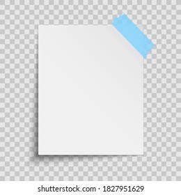Realistic white sheet of paper isolated on a transparent background. Blue scotch tape. Element for your design or notes. Vector illustration. EPS 10