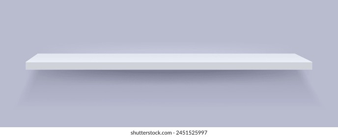 Realistic white shelf mockup on gray wall. 3D vector illustration