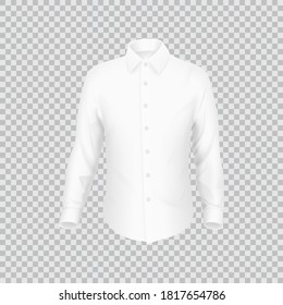 Realistic white shirt template. 3D realistic vector illustration. Front view on white shirt isolated on checkered background.