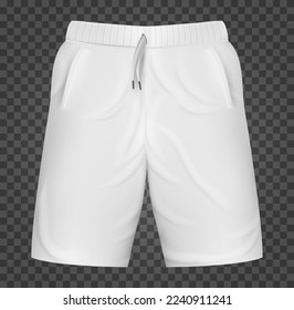 Realistic white shorts base cloth isolated on transparent background. Blank mockup for branding man or woman fashion. Design casual template. 3d vector illustration.