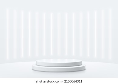 Realistic white, silver cylinder pedestal podium with vertical neon lamp scene. Vector abstract futuristic room with 3D geometric forms. Minimal scene for mockup products showcase, Promotion display.